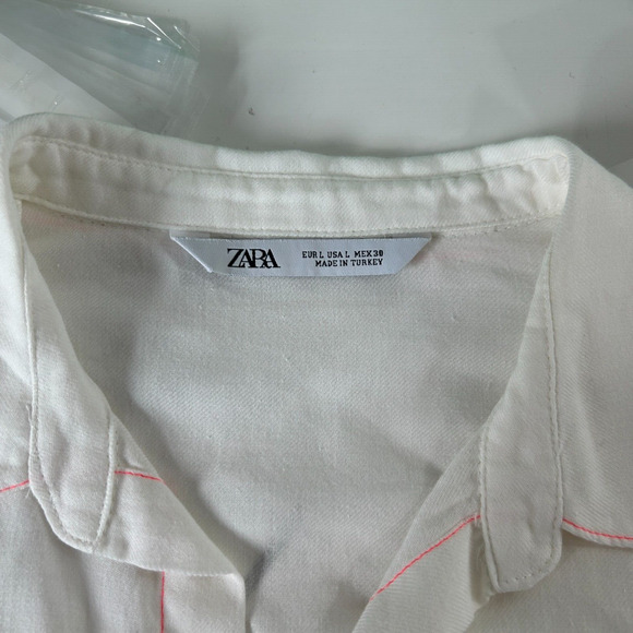 Zara Off White Hot Pink Stitching Button Down Long Sleeve Collared Shirt Large - Picture 5 of 10